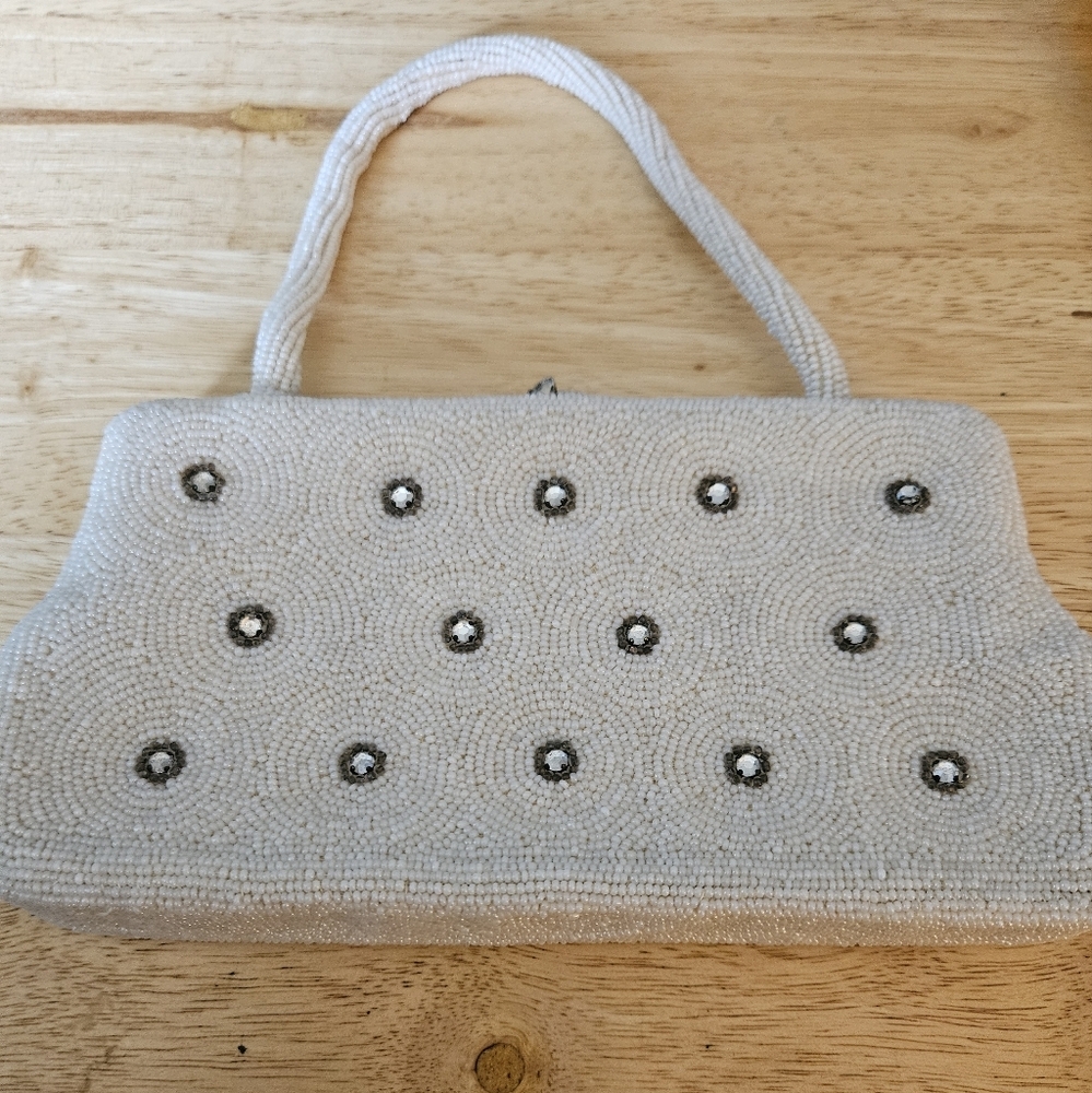 Vintage 1950's ivory bead and rhinestone handbag. Handmade in Belgium.